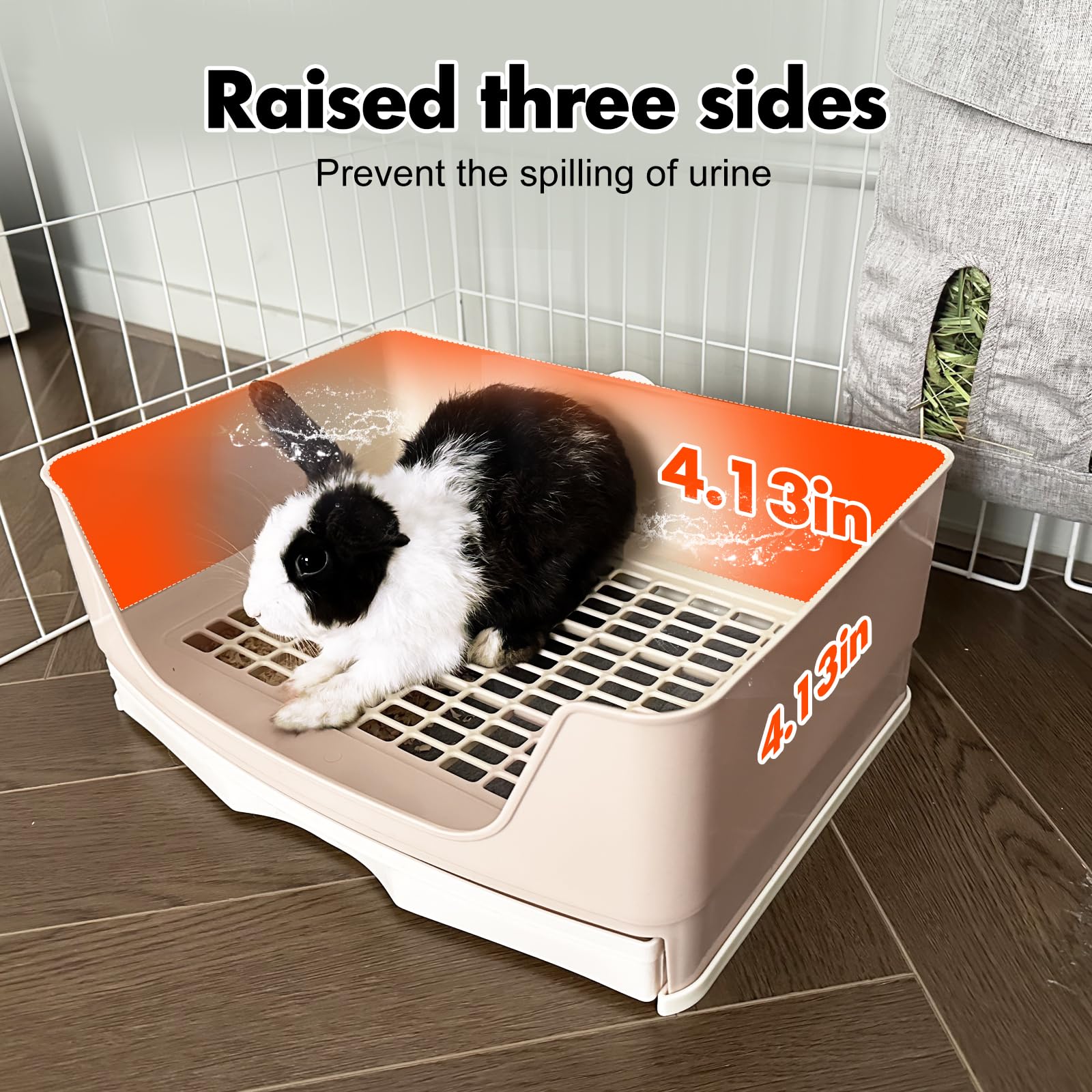 Oleisert rabbit litter box inside cage stable setup with buckle connector.