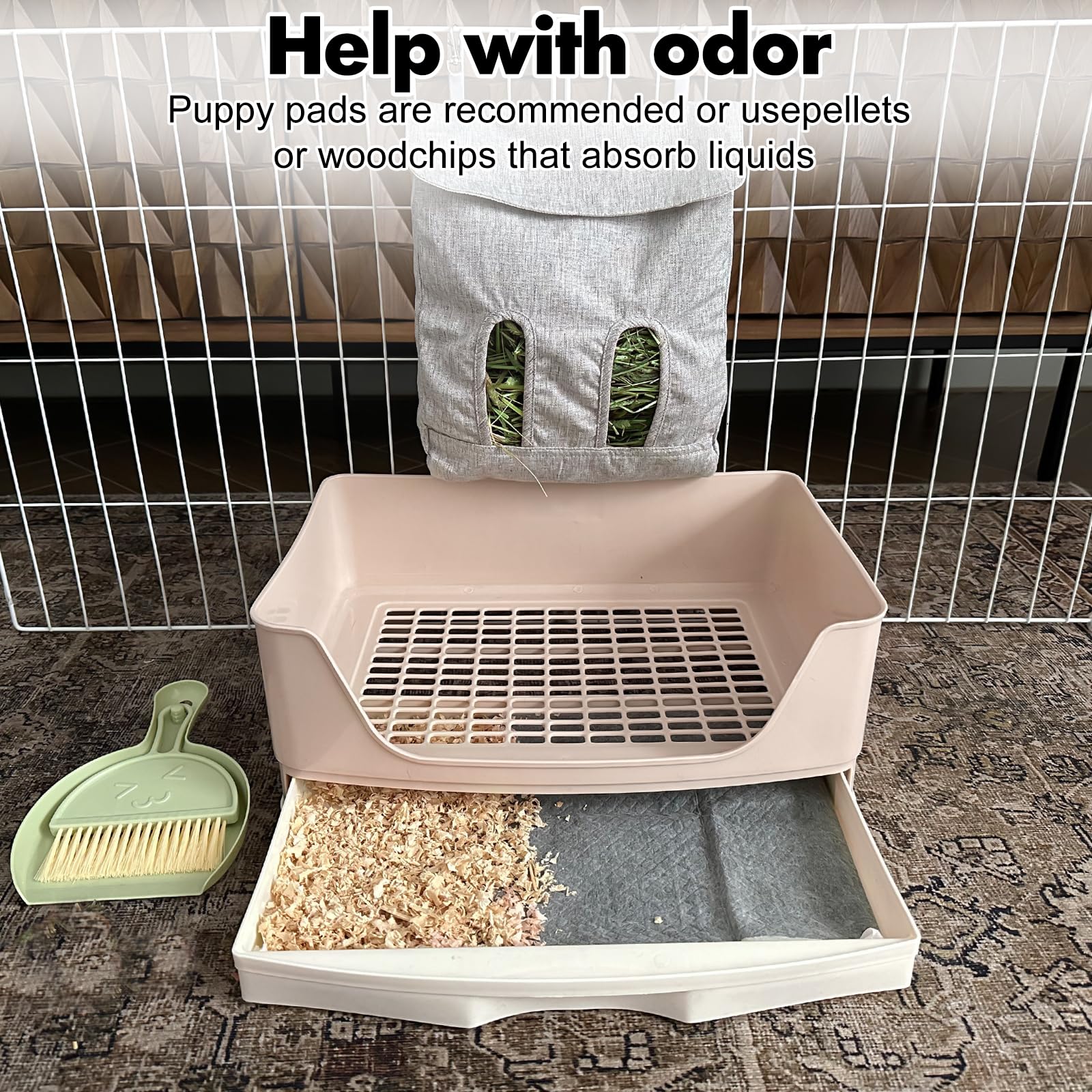 Oleisert large holes litter box deep tray enables easy pad swaps.
