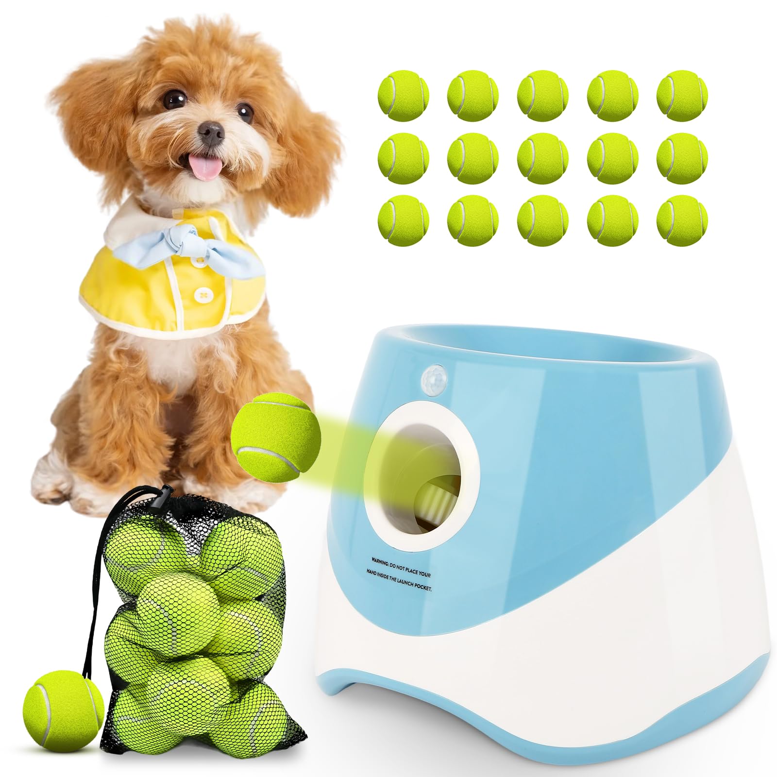 OLenyer automatic ball launcher front view highlights compact design for small dogs