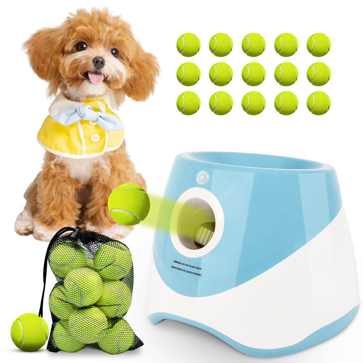OLenyer automatic ball launcher front view highlights compact design for small dogs