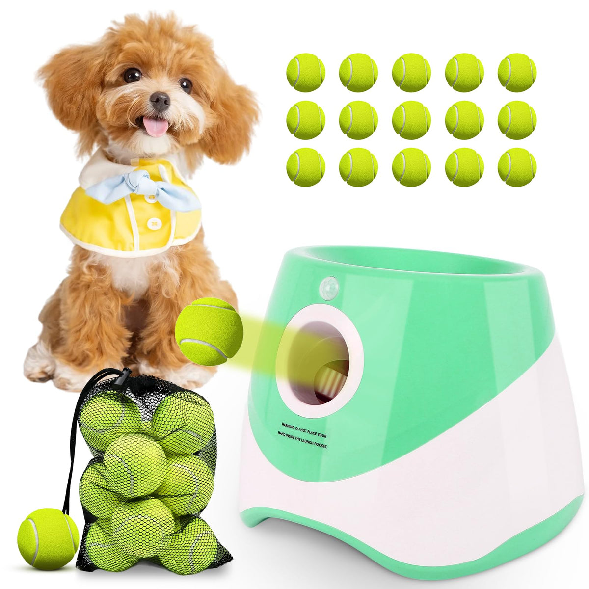 OLenyer automatic ball launcher front view enables easy interactive fetch for small dogs.