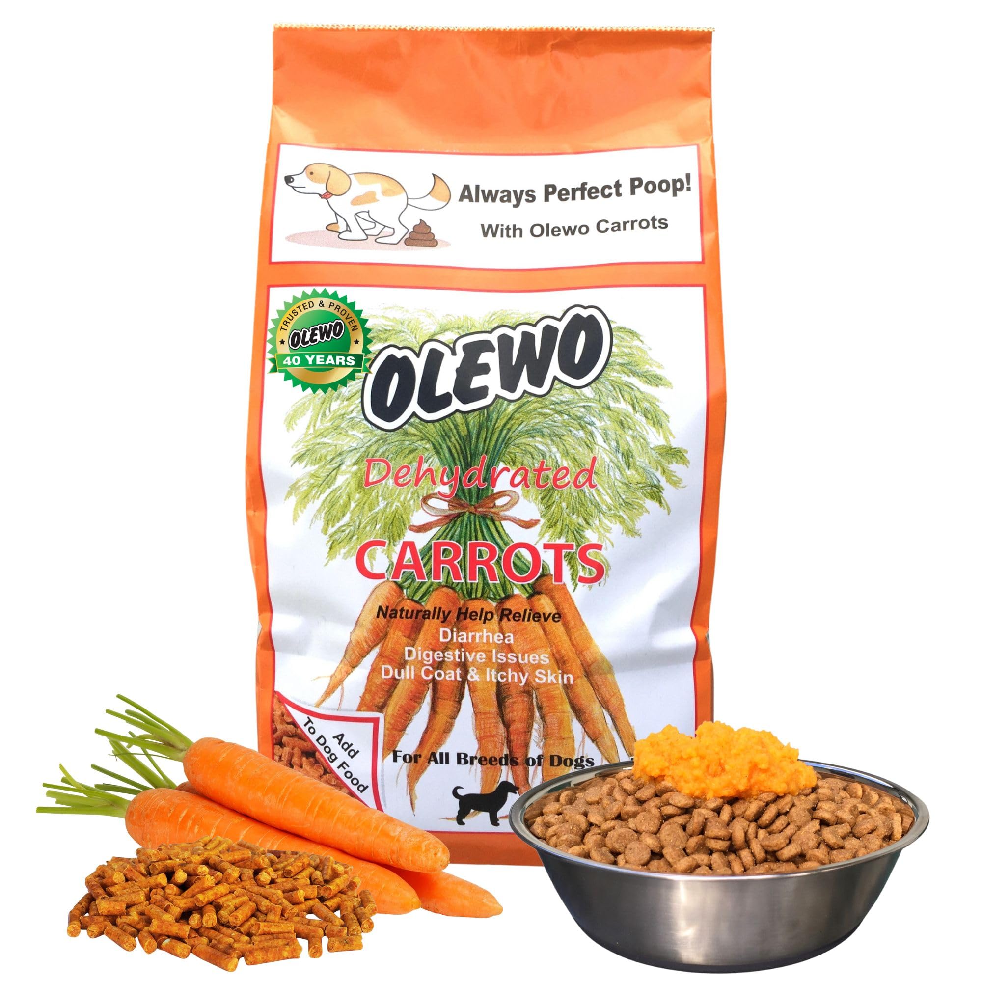 Olewo Original Carrots for Dogs bag front highlights natural fiber topper for gut health