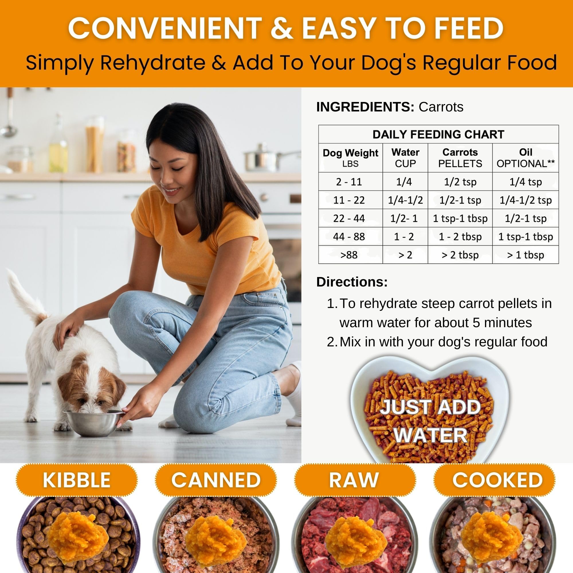 Olewo Original Carrots for Dogs dehydrated flakes shown as a single-ingredient topper
