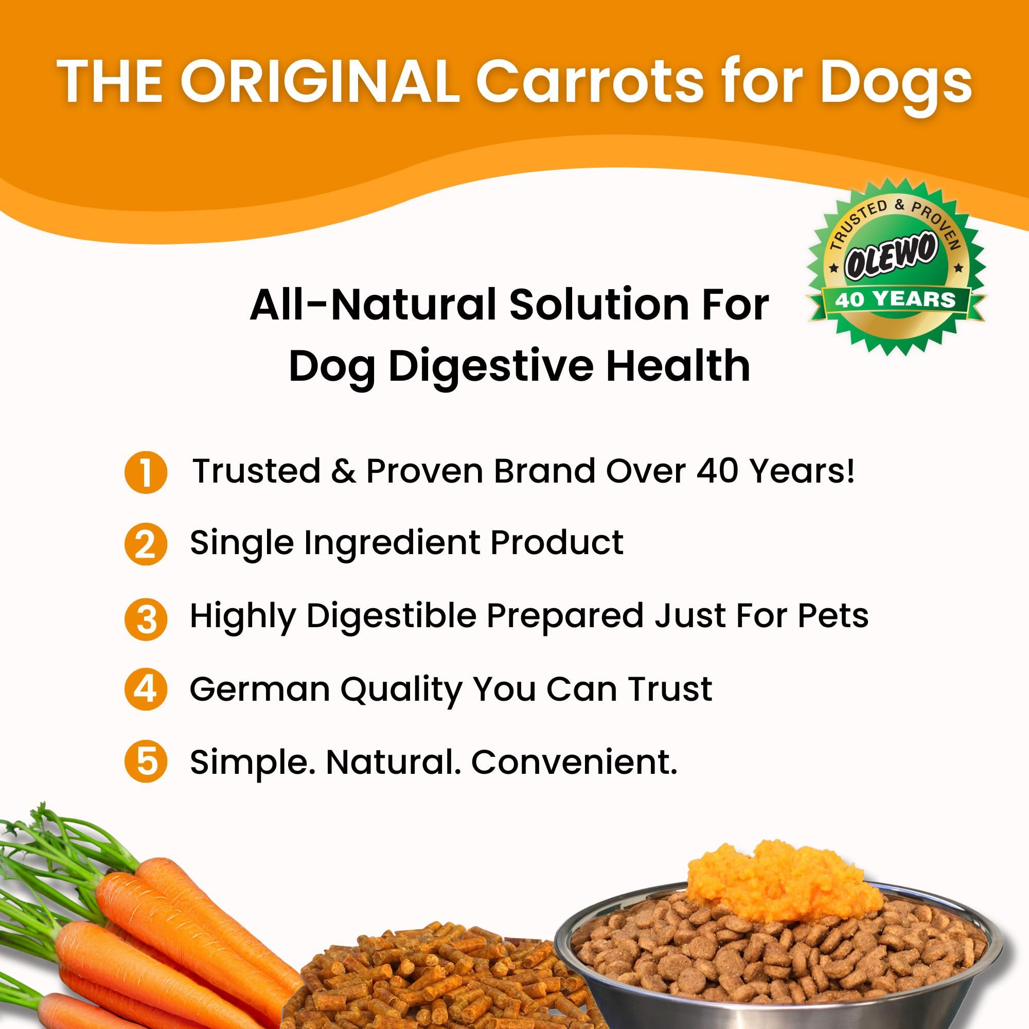 Olewo Original Carrots for Dogs poured over meals boosts fiber and palatability.