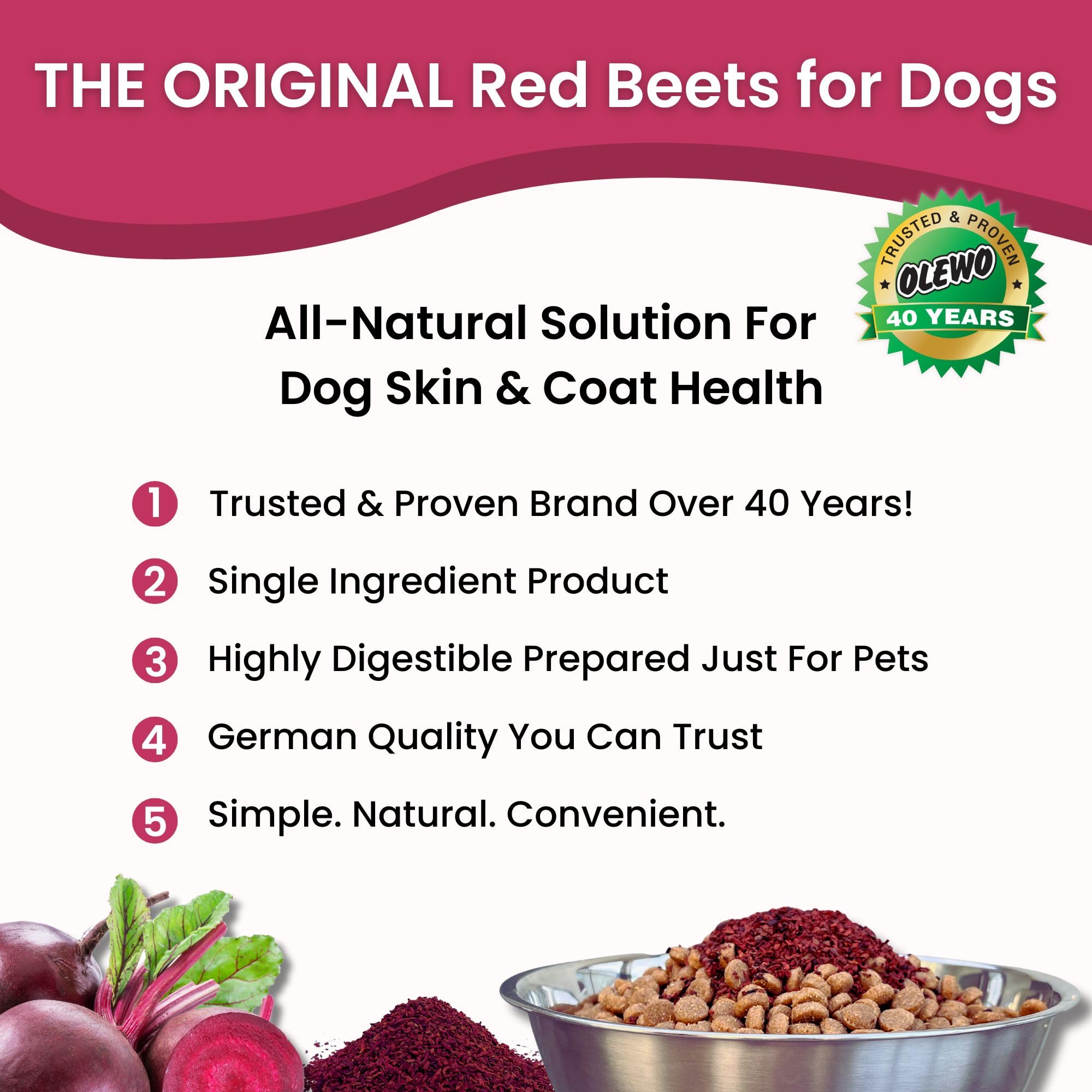 Olewo Red Beets dog food topper dispense demonstrates easy daily dosing for gut support.
