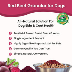 Olewo Red Beets for Dogs Granular pour demonstrates easy daily dosing and convenience.