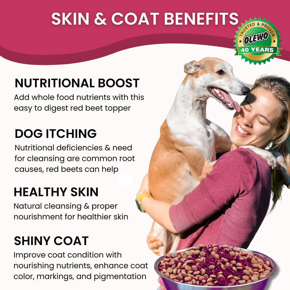 Olewo Red Beets skin coat glow image emphasizes immune-supporting nutrients for dogs.
