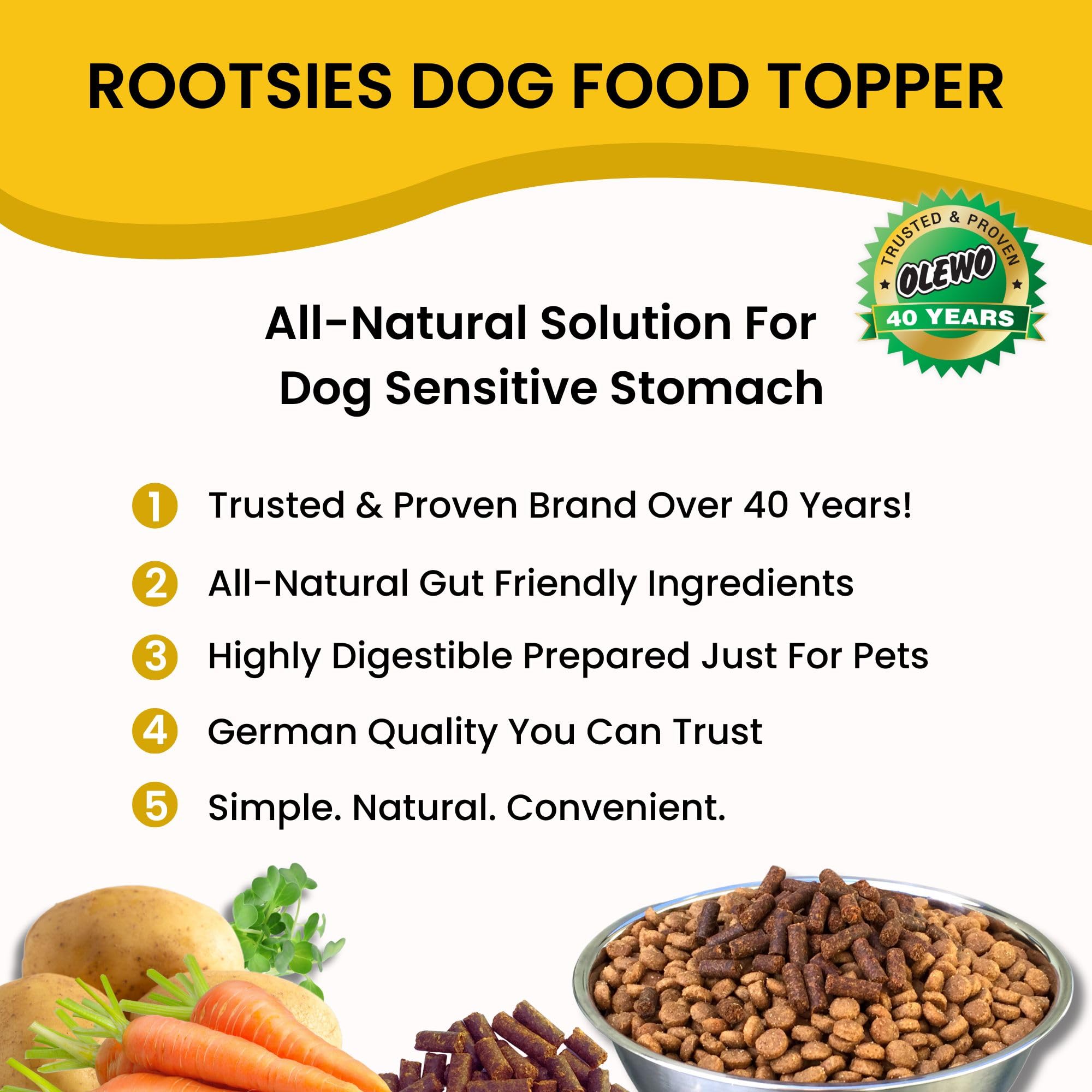 Olewo Rootsies potato-carrot-alfalfa pellets shown for digestible, gut-friendly nutrition.