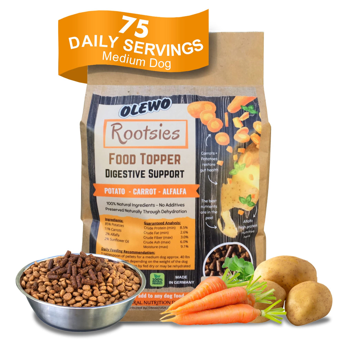 Olewo Rootsies topper in a dog bowl supports sensitive-stomach digestion.