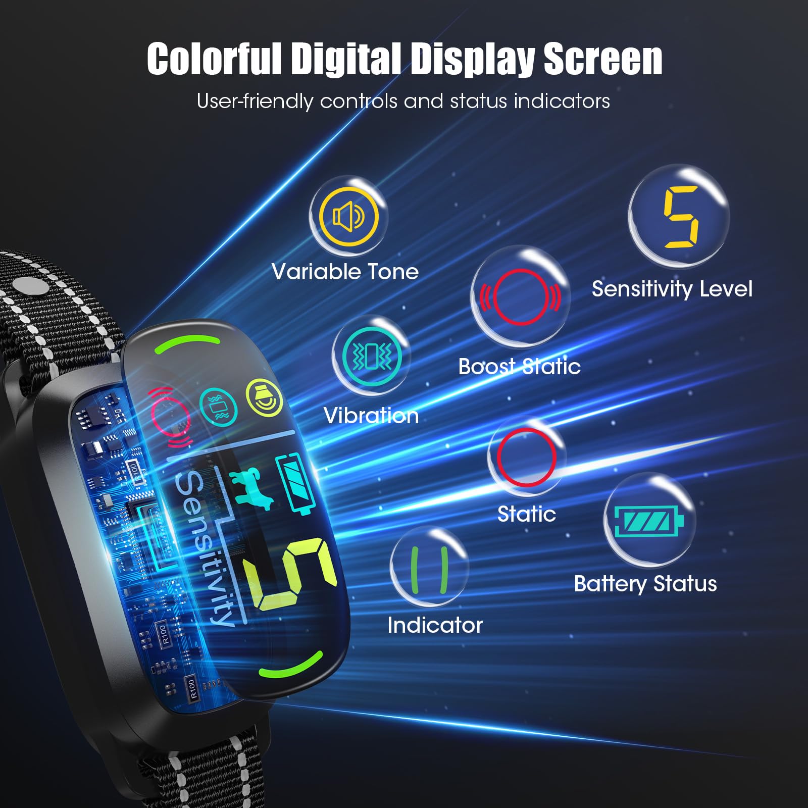 Oliry rechargeable bark collar LCD screen shows battery, mode, and sensitivity at a glance