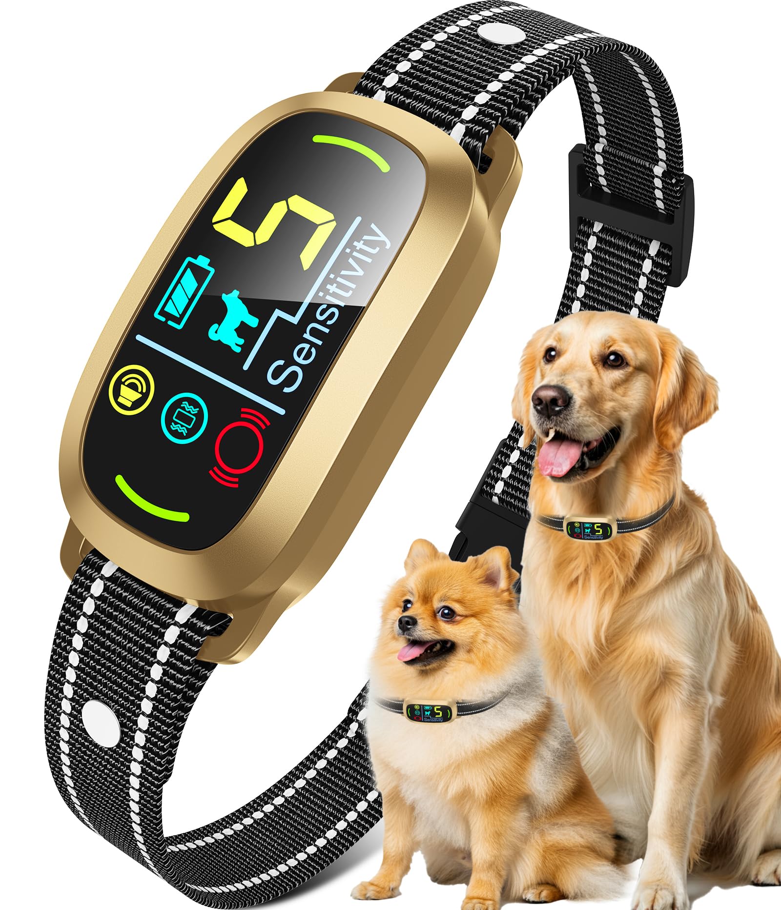 Oliry smart AI bark collar closeup shows precise bark control.
