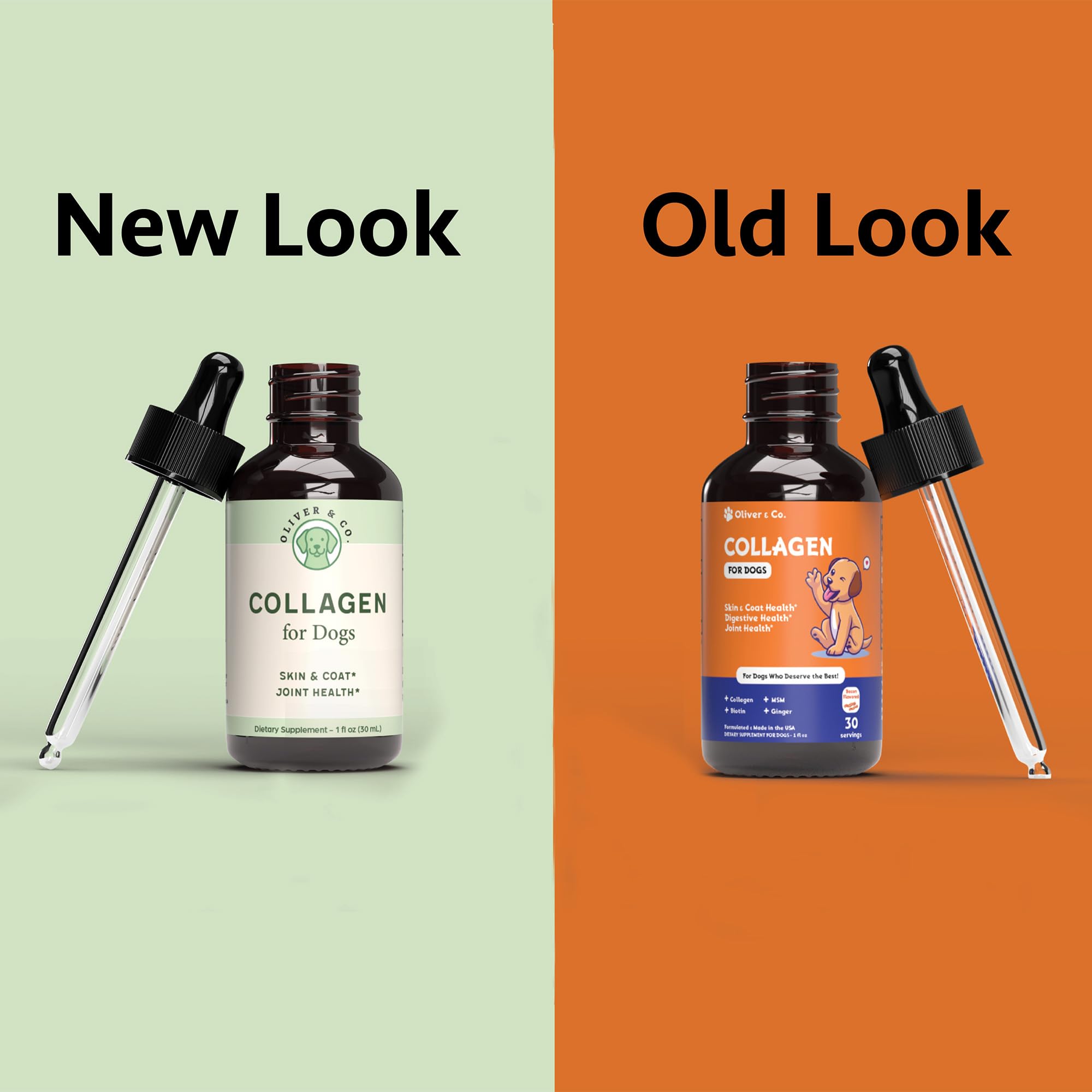 Oliver & Co. Collagen for Dogs joint-mobility bottle highlights flexible movement.