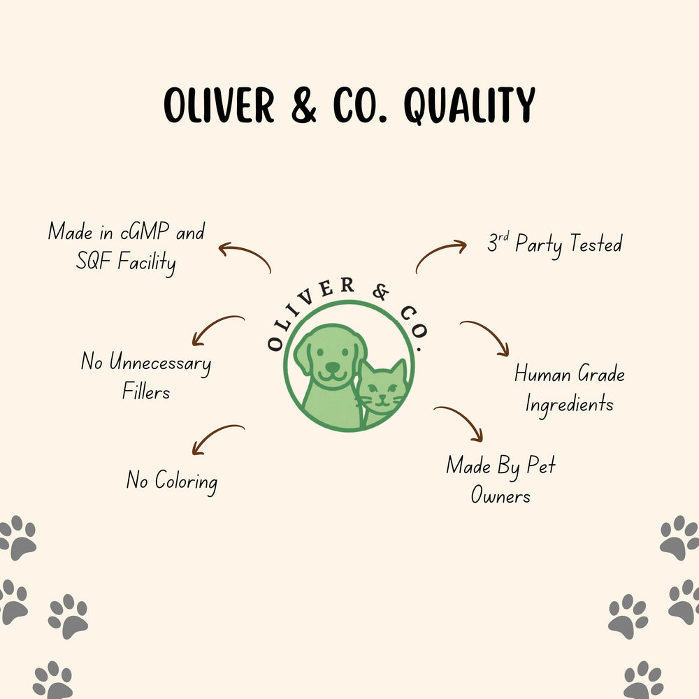 Oliver & Co. Collagen for Dogs premium-ingredients label signals high-quality dog supplement.