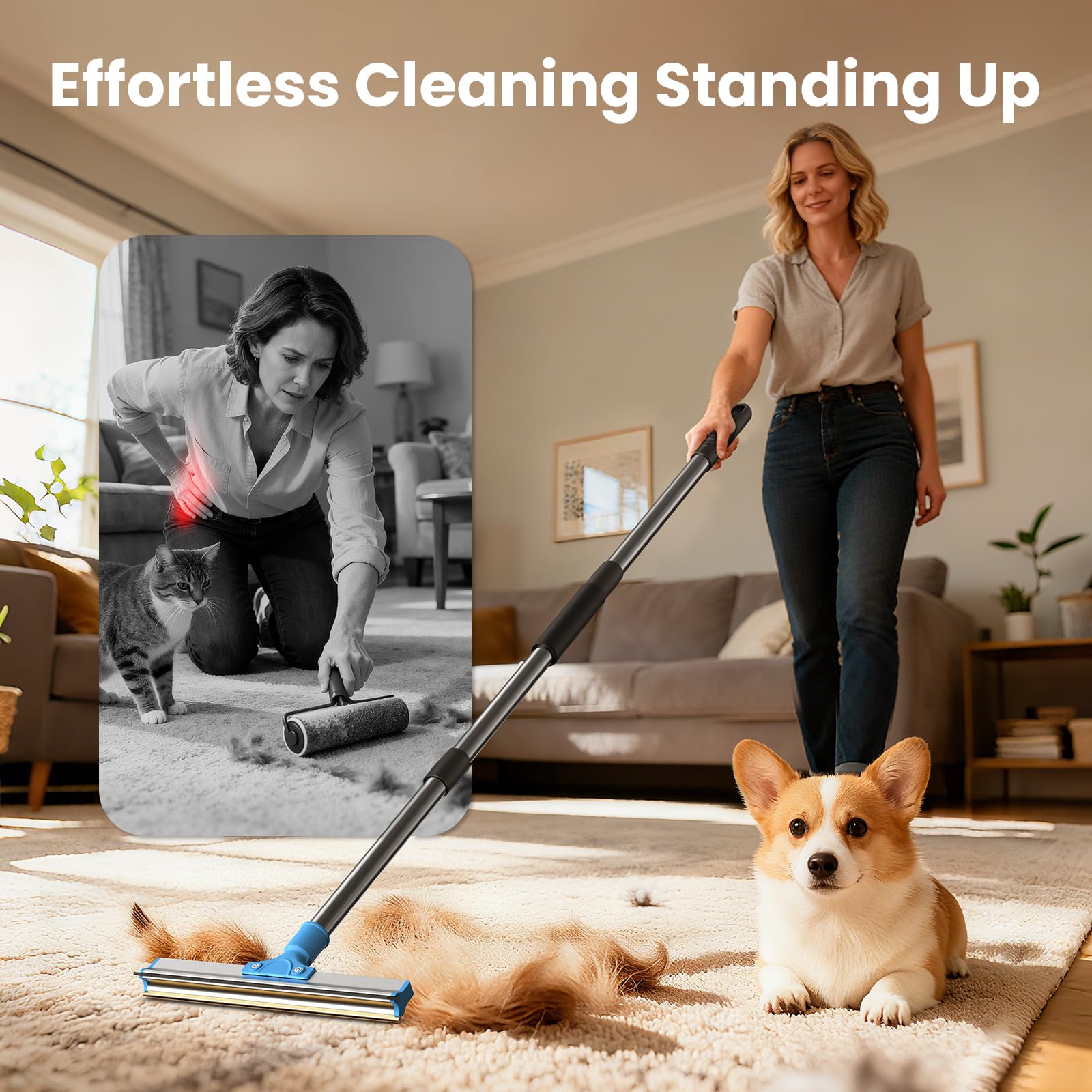Ollapet extendable 48in rake reaches under furniture for deep cleaning.