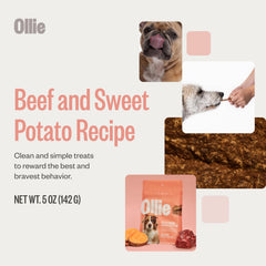 Ollie Beef & Sweet Potato Jerky closeup shows tender chew and beef flavor.