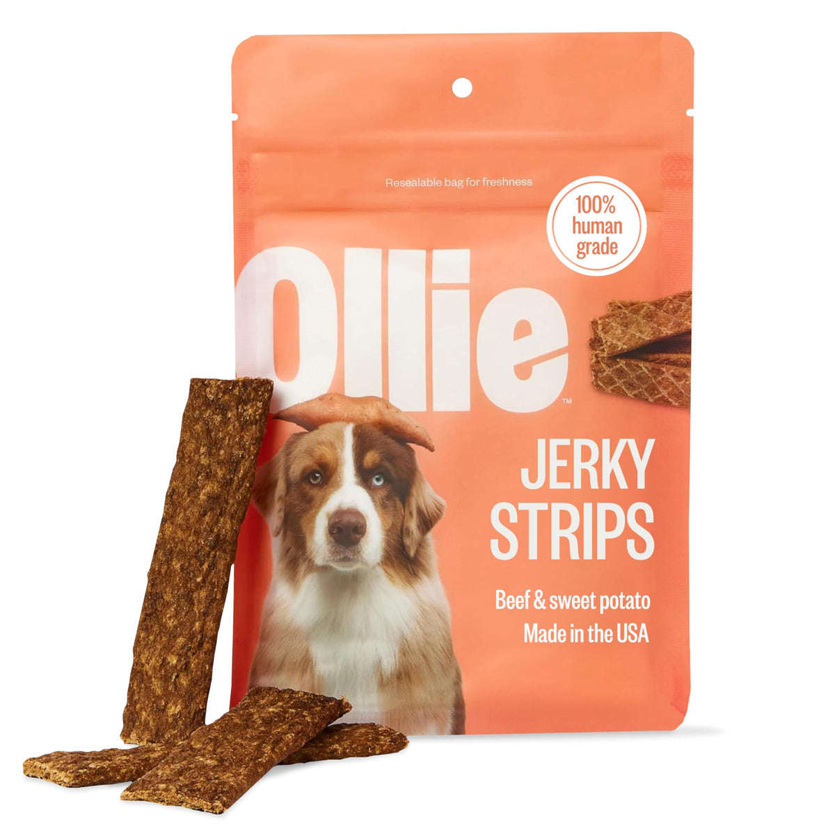 Ollie Beef & Sweet Potato Jerky packaging highlights all-natural ingredients for training rewards.