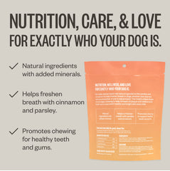 Ollie Dental Chews extra small ingredients label highlights clean dog friendly components.