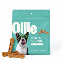 Ollie dental chews for small dogs packaging showcases breath-freshening appeal.