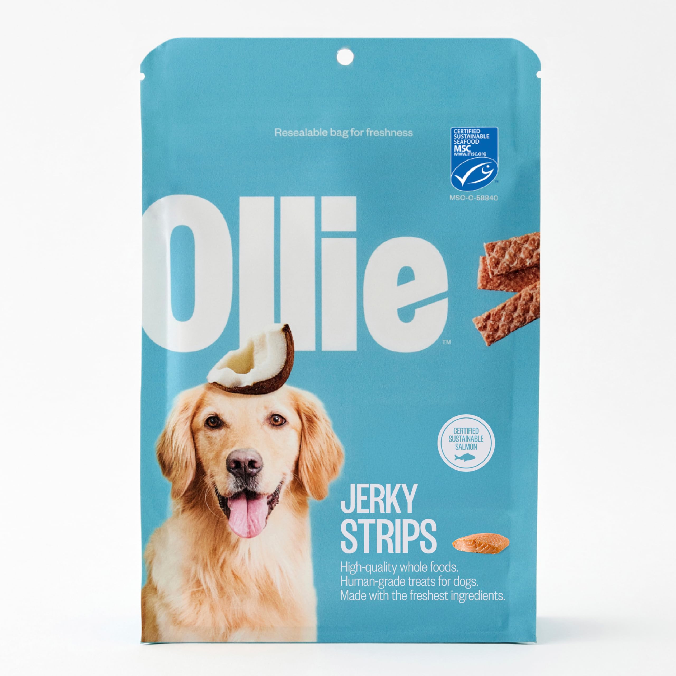 Ollie salmon-coconut jerky treats pack close-up highlights all-natural ingredients for dogs.