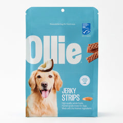 Ollie salmon-coconut jerky treats pack close-up highlights all-natural ingredients for dogs.
