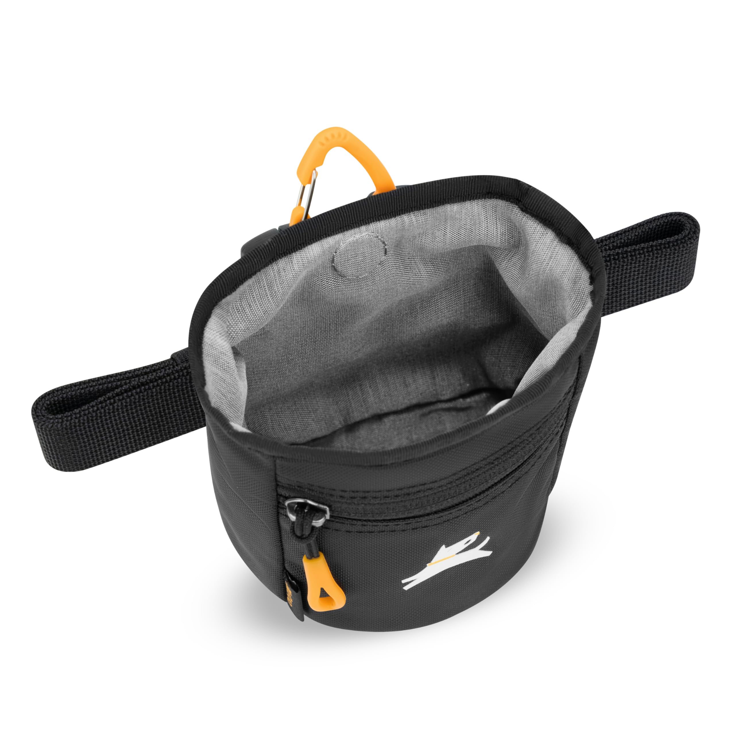 OllyDog Goodie Treat Bag clipped to a belt loop for hands-free use