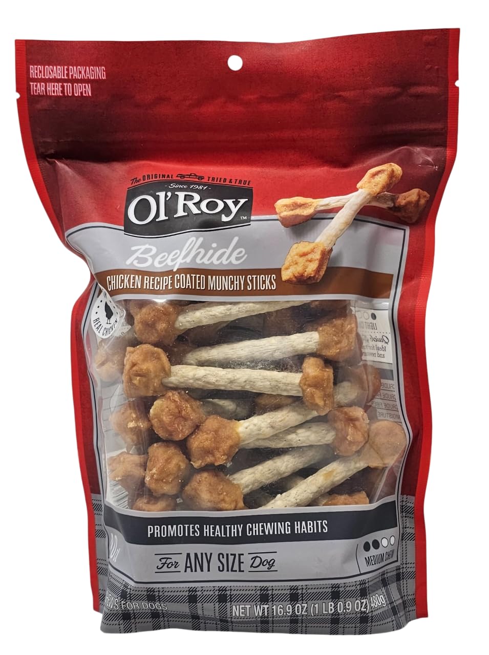 Ol' Roy beefhide chicken-coated munchy sticks bag front for long-lasting dog chews.