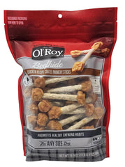 Ol' Roy beefhide chicken-coated munchy sticks bag front for long-lasting dog chews.