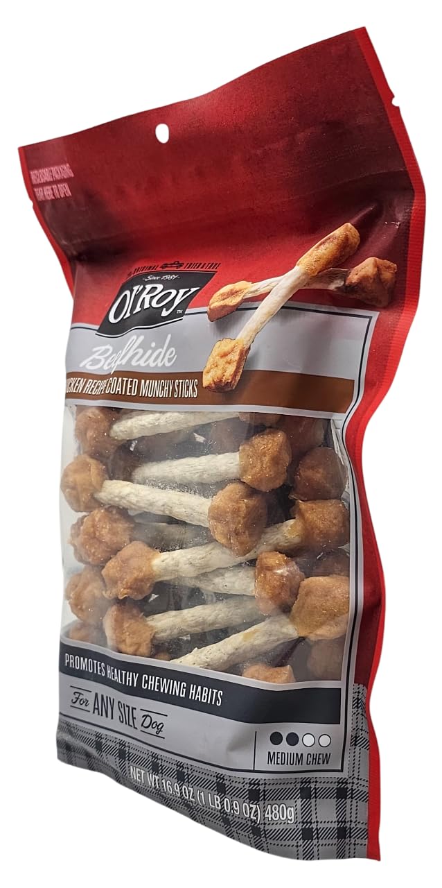 Ol' Roy beefhide chicken-coated munchy sticks close-up showing chewy texture.