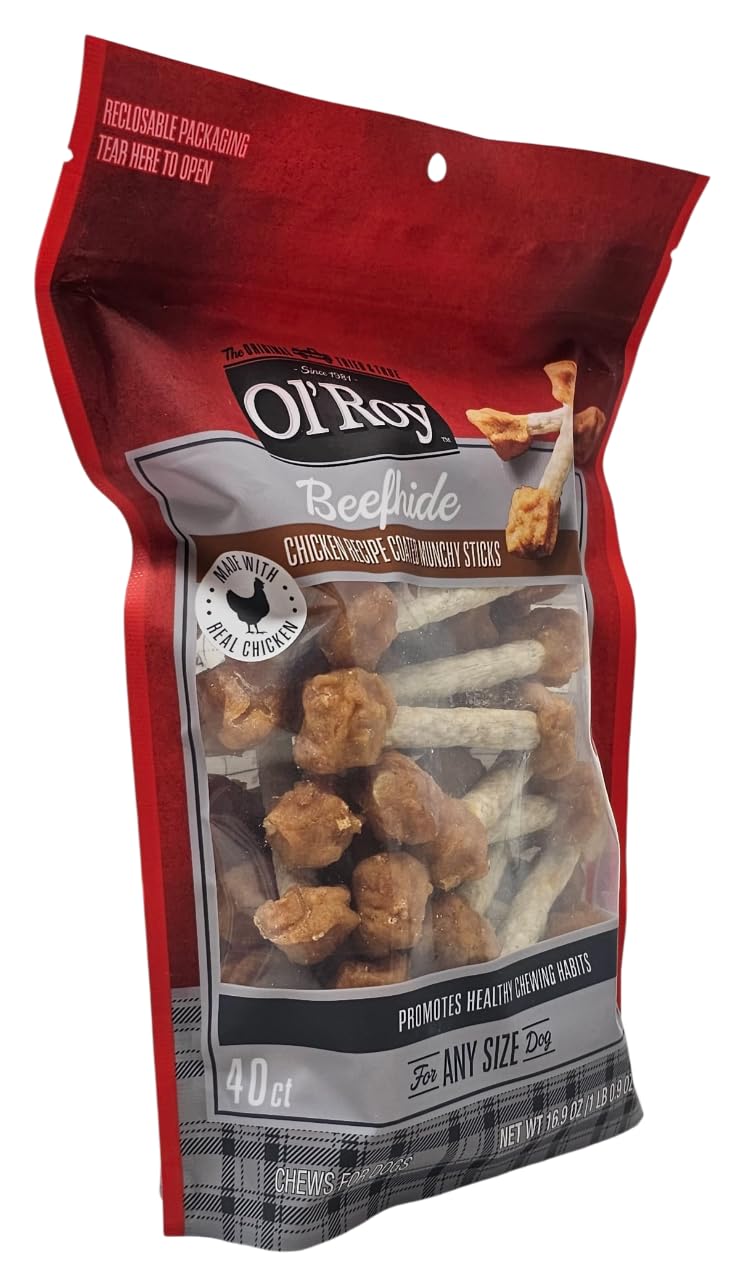 Ol' Roy beefhide chicken-coated munchy sticks resealable bag for storage.