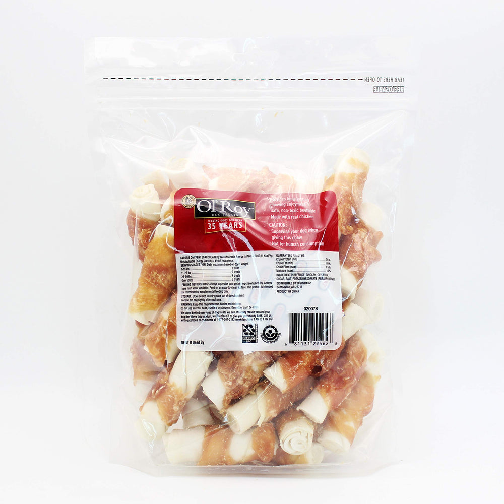 Ol' Roy Rawhide roll in resealable bag with chicken wrap, easy rewards for dogs