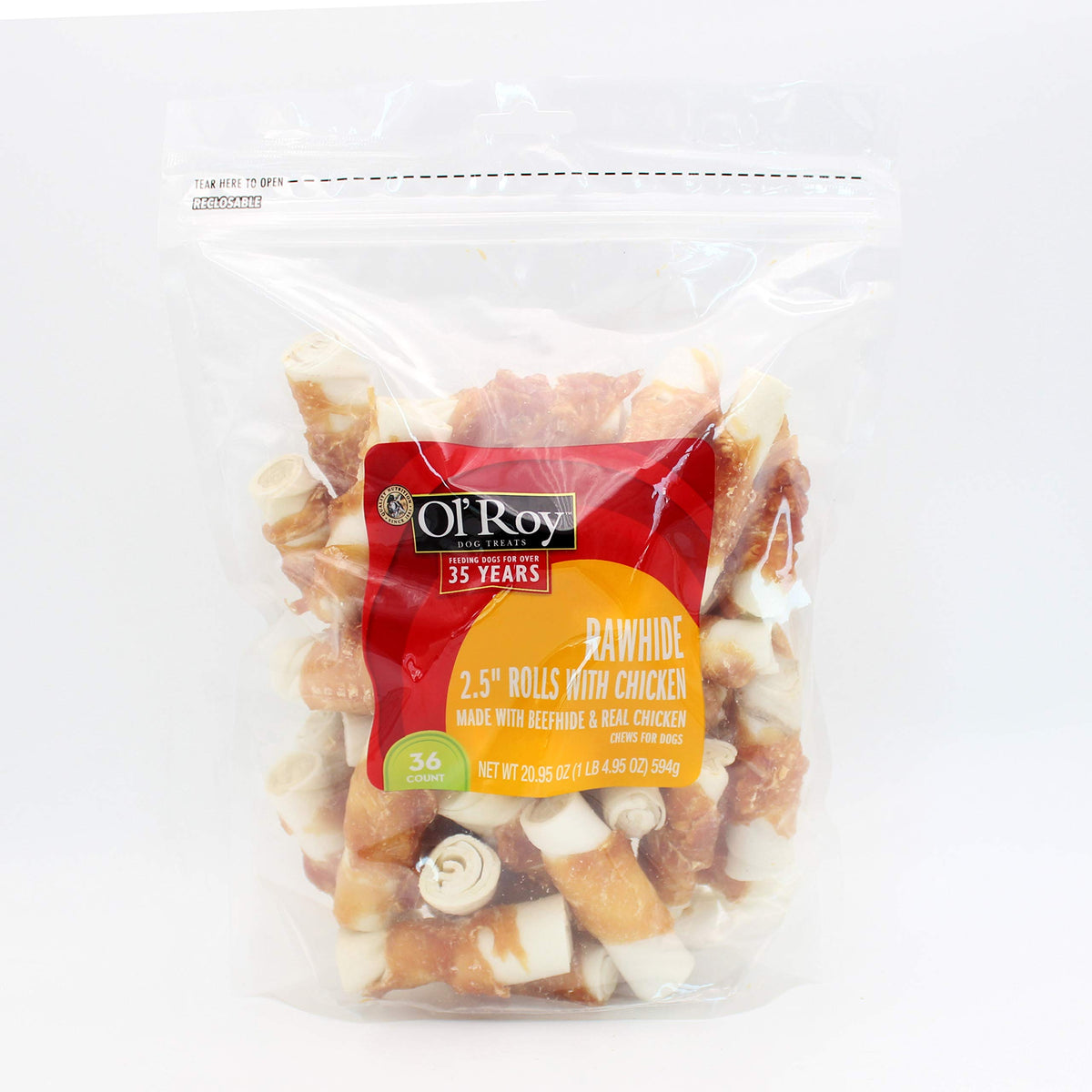 Ol' Roy Rawhide roll with chicken wrap close-up, highlighting long-lasting chew enjoyment