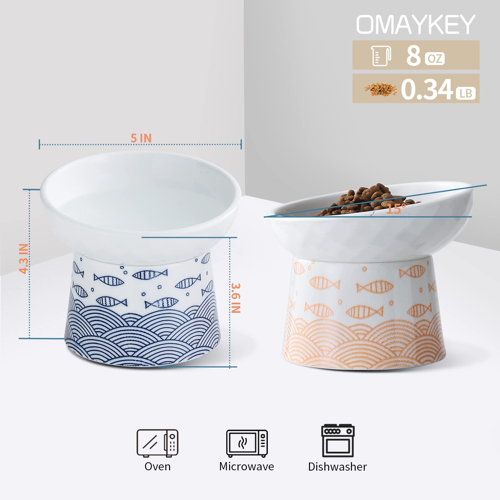 OMAYKEY porcelain pet feeder dish shown with two bowls for dry or wet food