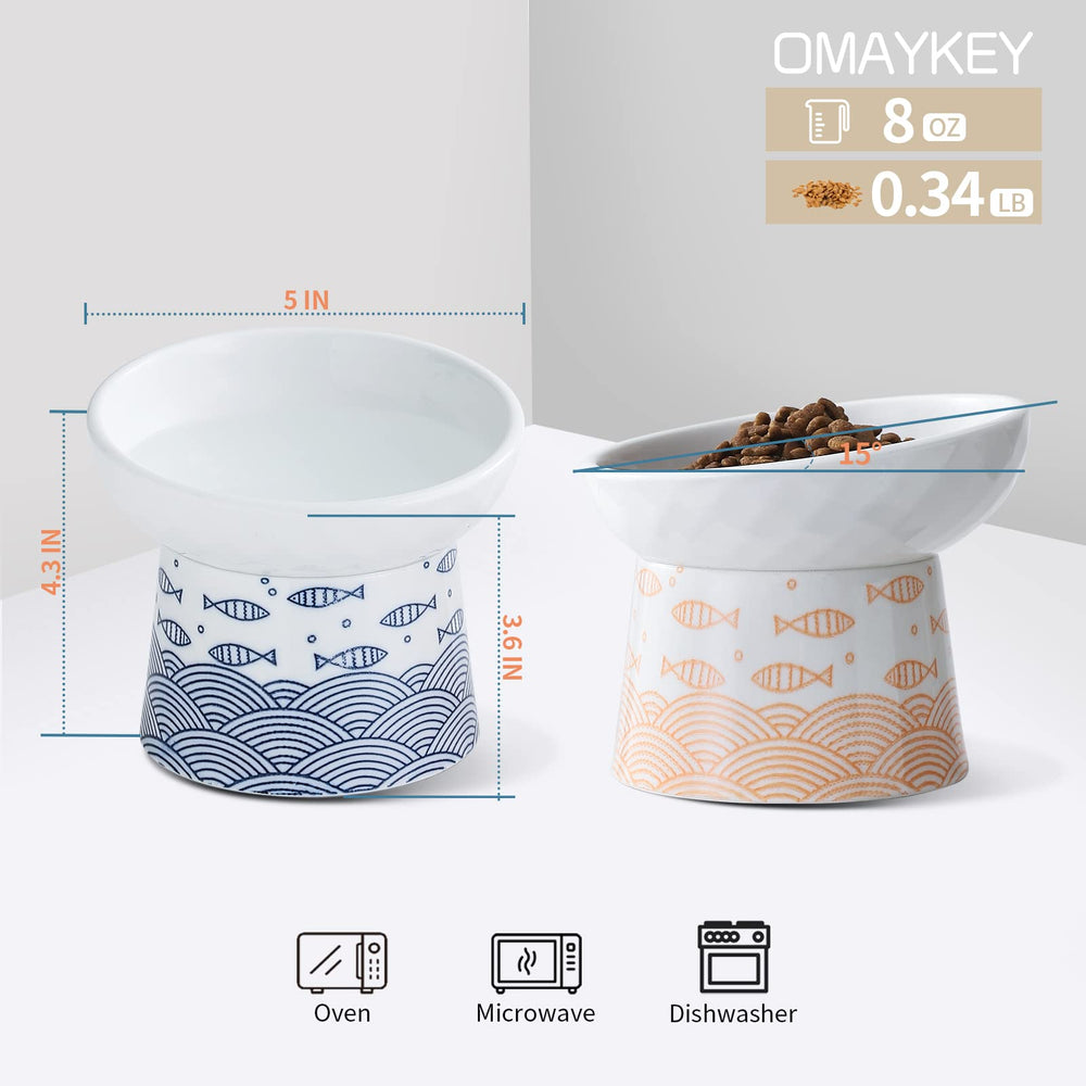 OMAYKEY porcelain pet feeder dish shown with two bowls for dry or wet food