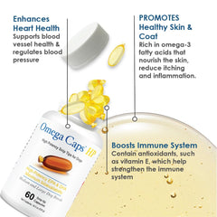 OMEGA-CAPS ES bottle label close-up highlighting USA-made vet formulation