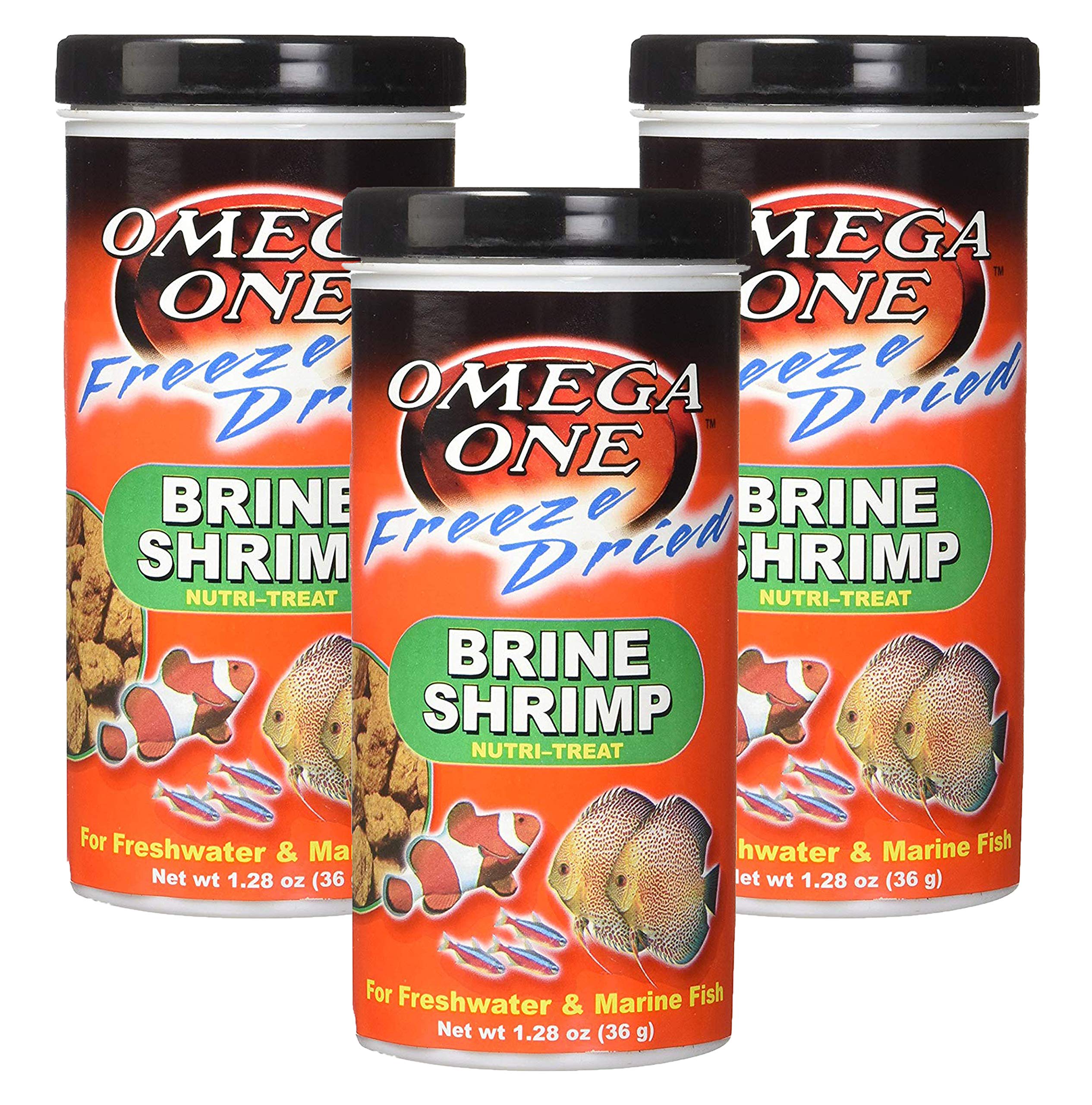 Omega One 3-pack packaging of freeze-dried brine shrimp for convenient feeding.