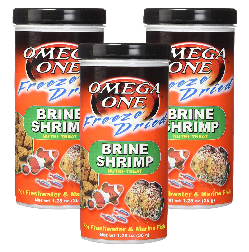 Omega One 3-pack packaging of freeze-dried brine shrimp for convenient feeding.