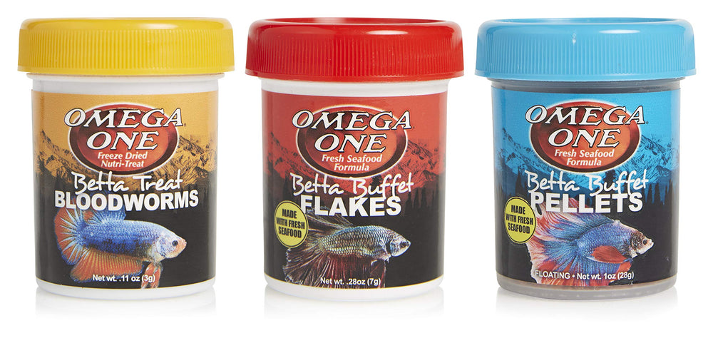 Omega One Betta Combo 3-pack front view promotes convenient feeding for bettas.