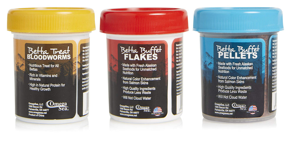 Omega One Betta Combo variety-pack box for easy store display and restock.