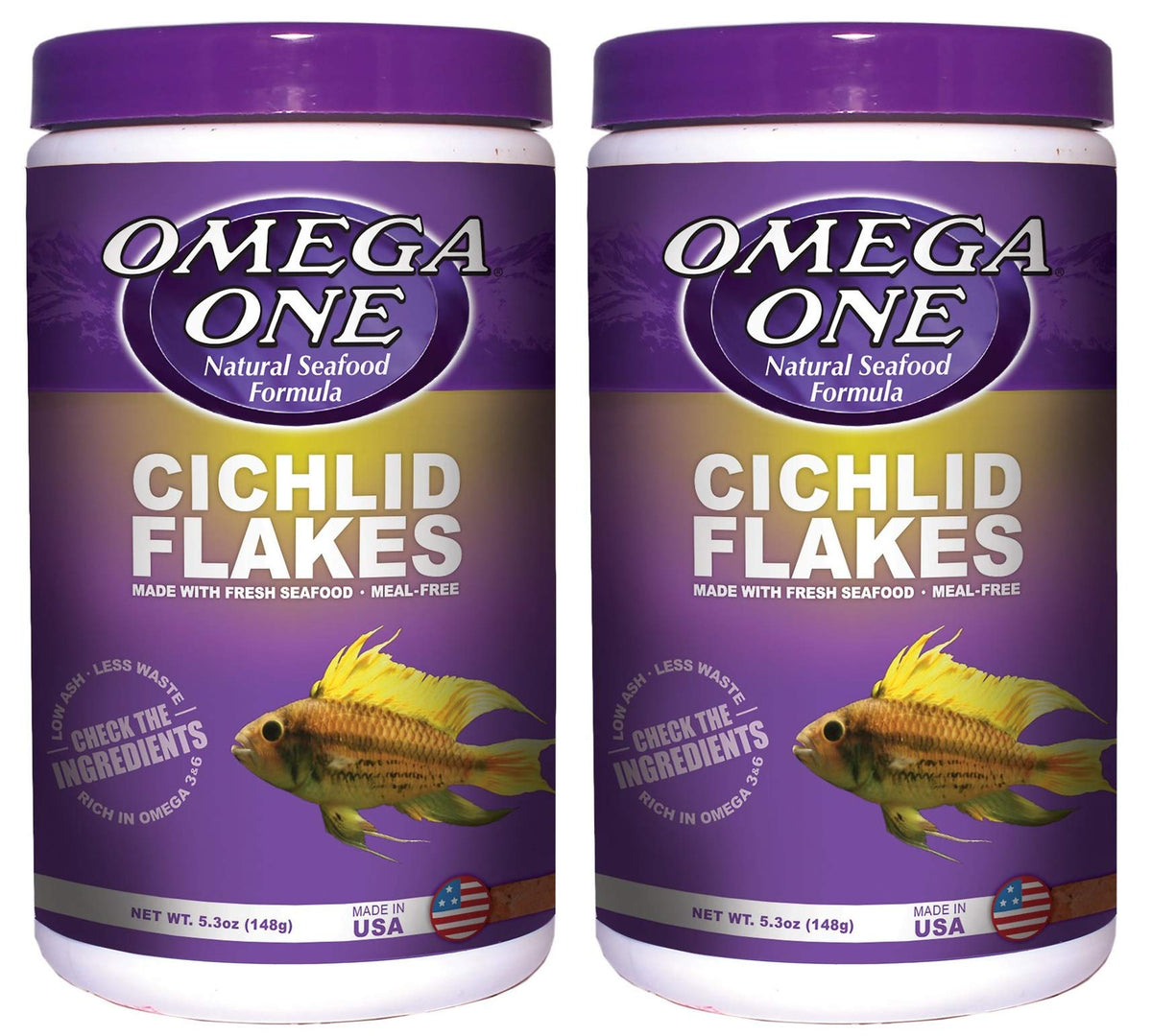 Omega One Cichlid Flakes pack-2 promotes natural pigment color in cichlids.