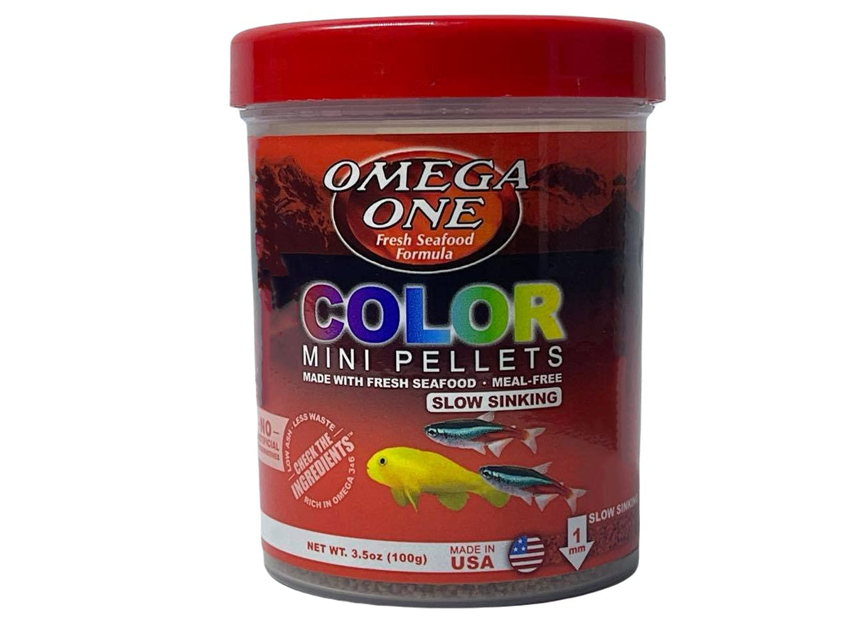 Omega One Color Mini Pellets bottle close-up highlighting color-enhancing nutrition for fish
