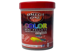 Omega One Color Mini Pellets bottle close-up highlighting color-enhancing nutrition for fish