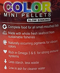Omega One Color Mini Pellets packaging highlighting guaranteed analysis and protein-rich nutrition