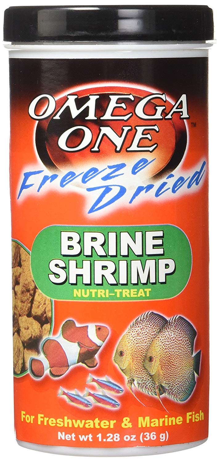 Omega One freeze-dried brine shrimp close-up shows tiny orange morsels.