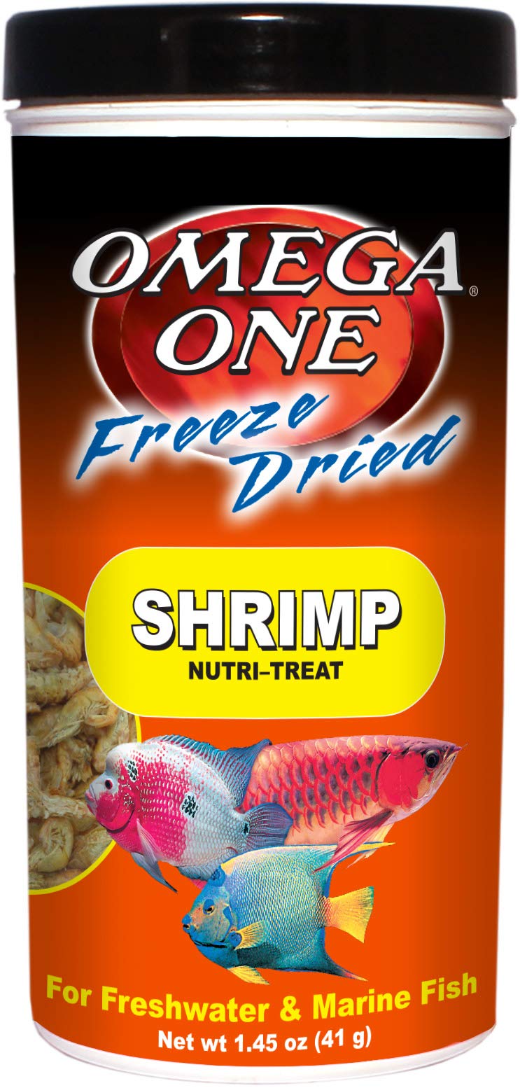 Omega One Freeze Dried Shrimp 1.45 oz front view for high-protein fish diet.