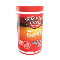 Omega One Freshwater Flakes bottle highlights omega-6 rich formula for healthier fish