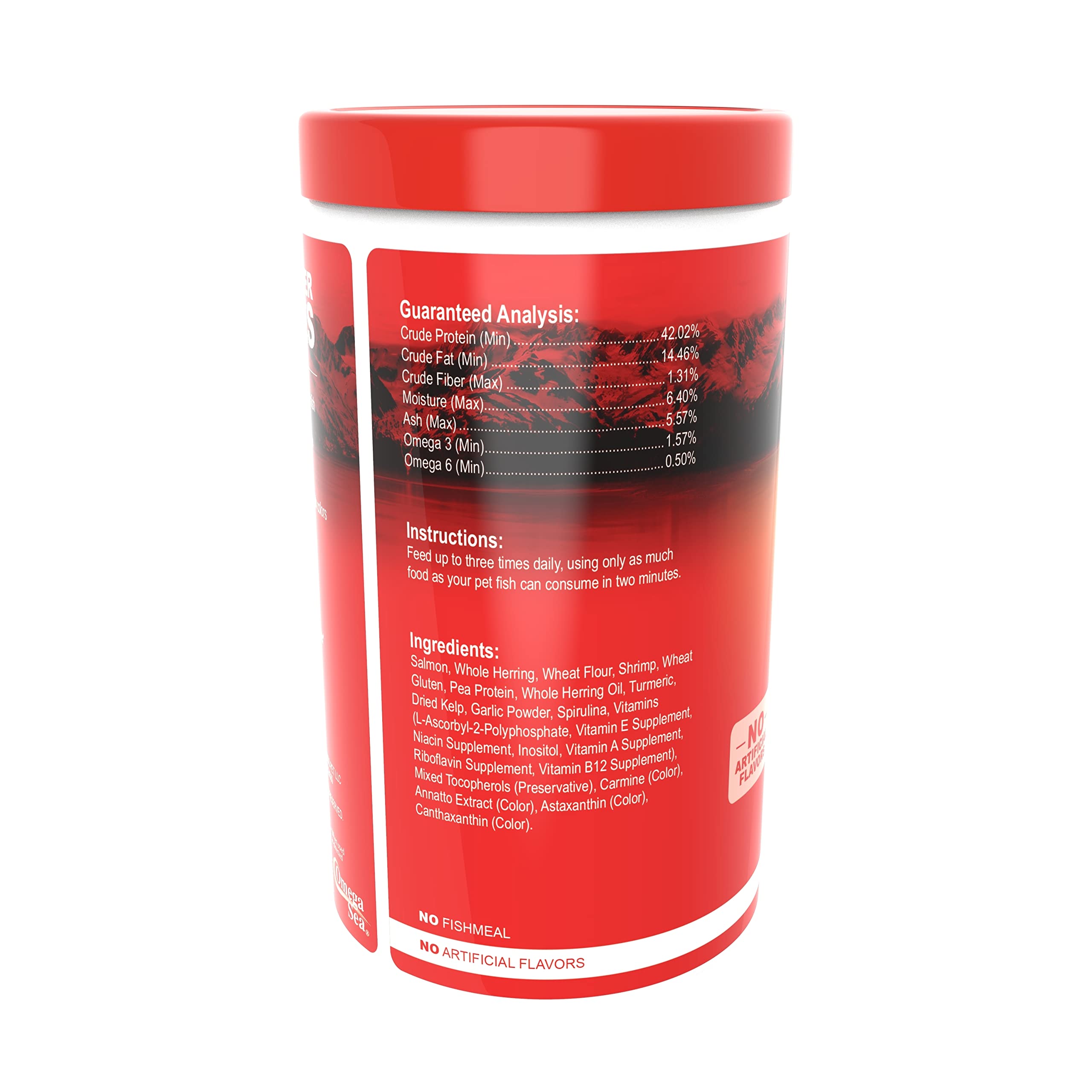Omega One Freshwater Flakes color-boost image highlights vibrant tank color