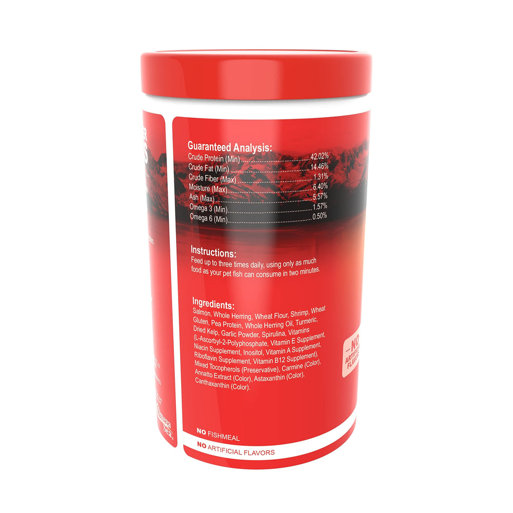 Omega One Freshwater Flakes color-boost image highlights vibrant tank color