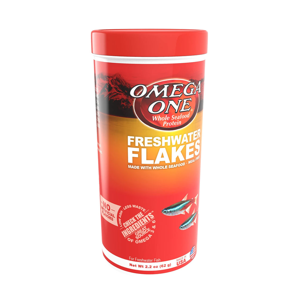 Omega One freshwater flakes ingredients closeup highlights beta carotene color boost
