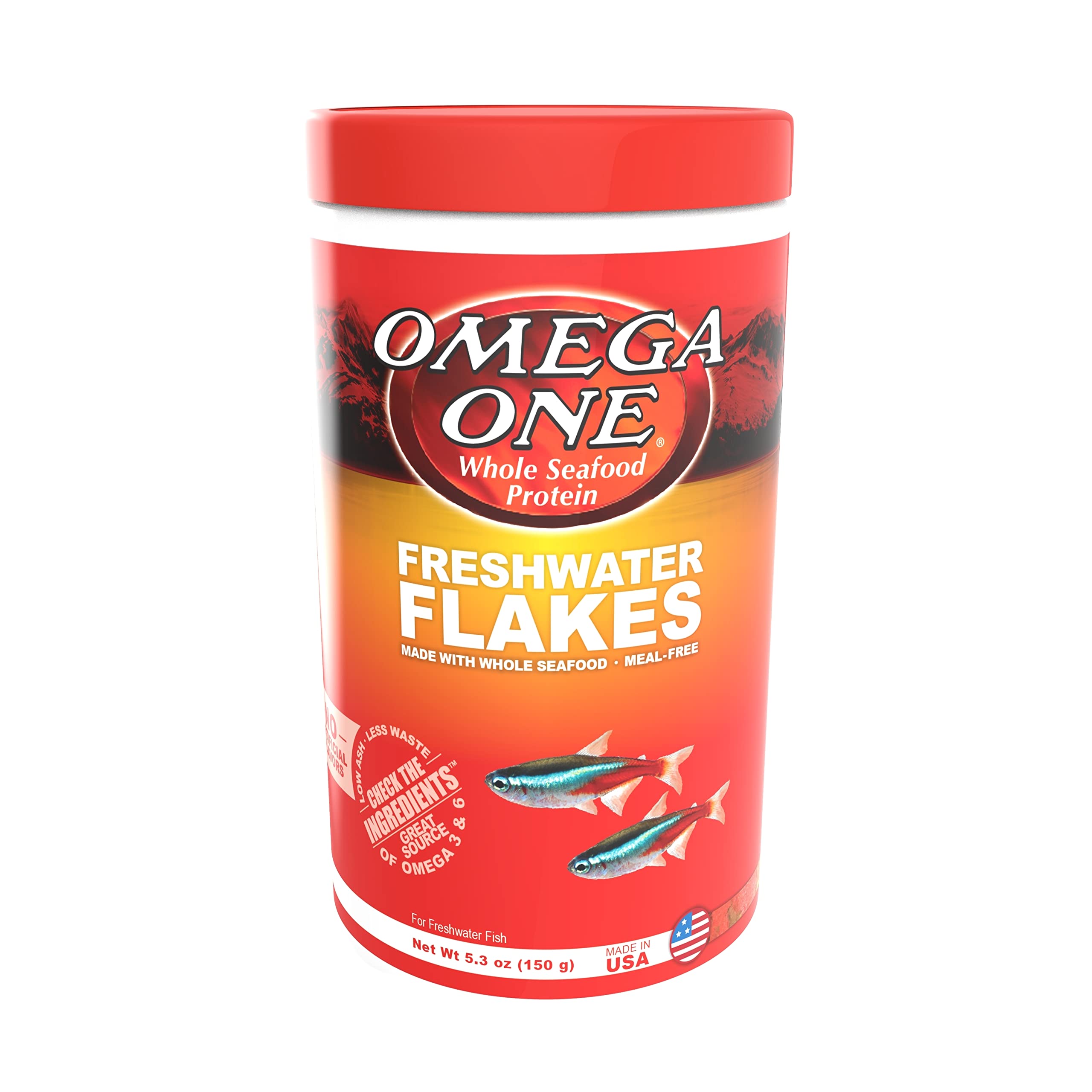 Omega One Freshwater Flakes ingredients panel emphasizes color-boosting beta carotene benefits
