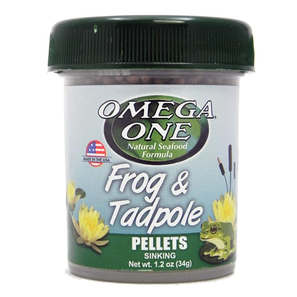 Omega One frog-tadpole pellet bowl showcases natural fats for energy and growth.